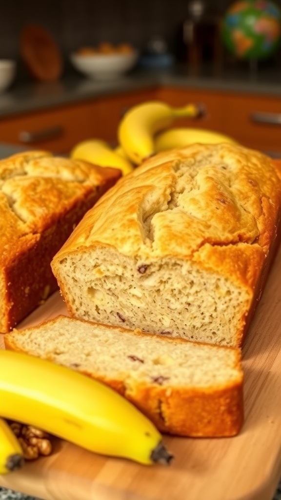 Two loaves of golden brown banana bread on a cutting board with ripe bananas and walnuts.
